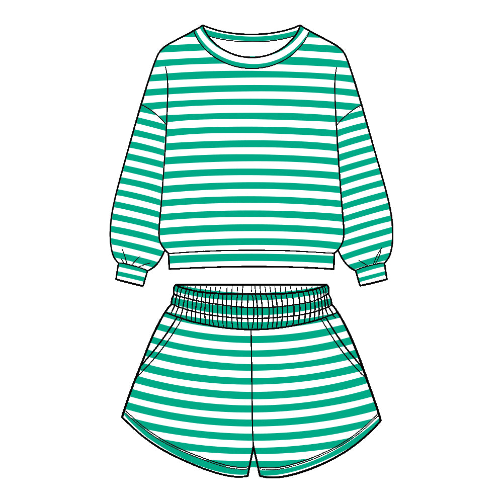 ( Moq 5 ) Baby Girls Kids Long Sleeves Stripes Shirt Pockets Shorts Team Set Clothes