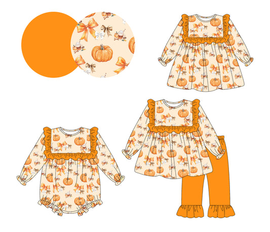 ( Moq 5 Each Style ) Sibling Baby Girls Kids Pumpkins Bows Orange Fall Romper Dress Set Clothes