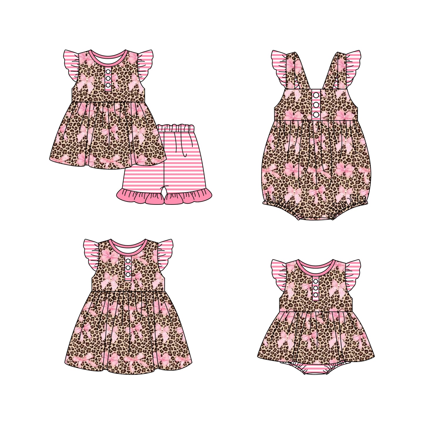 Baby Girl Short Sleeves Bows Leopard Sibling Romper Dress Clothes Set ( Moq 5 Each Design )