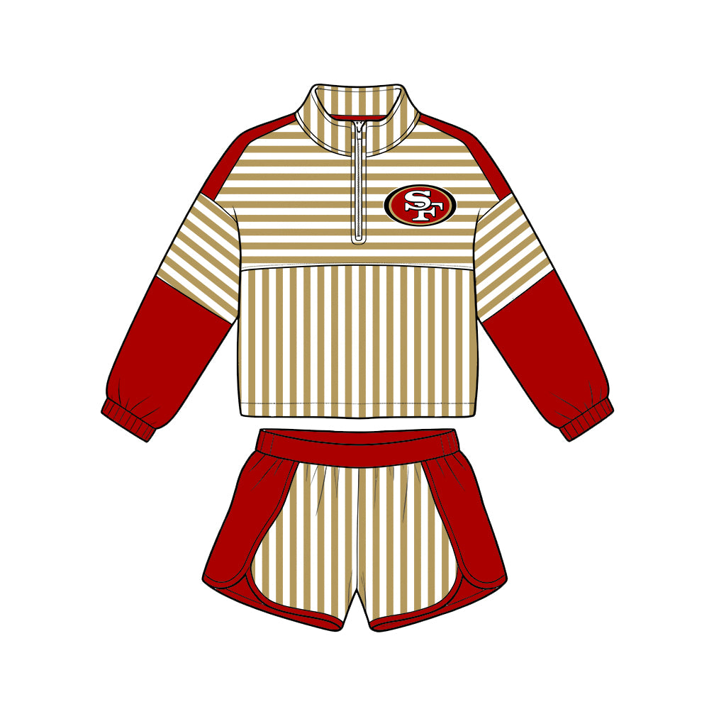 ( Moq 5 ) Baby Girls Kids Long Sleeves Zipper Pullover Stripes Shorts Team Set Clothes