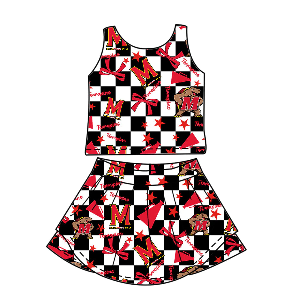( Moq 5 each style ) Baby Girl Toddler M Team Red Bows Cheer Sibling Checked Dress Set 6.30