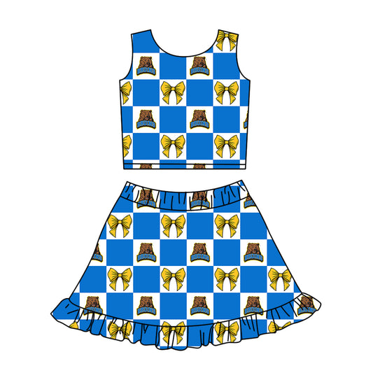 ( Moq 5 ) Baby Girls Kids Sleeveless Bear Bows Checked Tops Shorts Ruffle Skirt Team Set