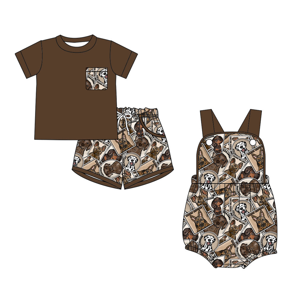 ( Moq 5 Each Style ) Sibling Baby Boys Kids Shirt Pockets Shorts Dogs Brown Set Romper
