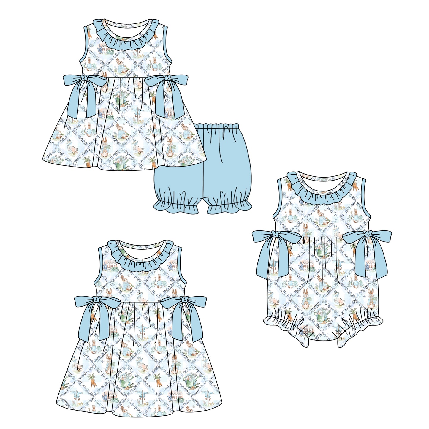 ( Moq 5 Each Style ) Baby Girls Kids Rabbits Blue Bows Sibling Easter Romper Dress Set
