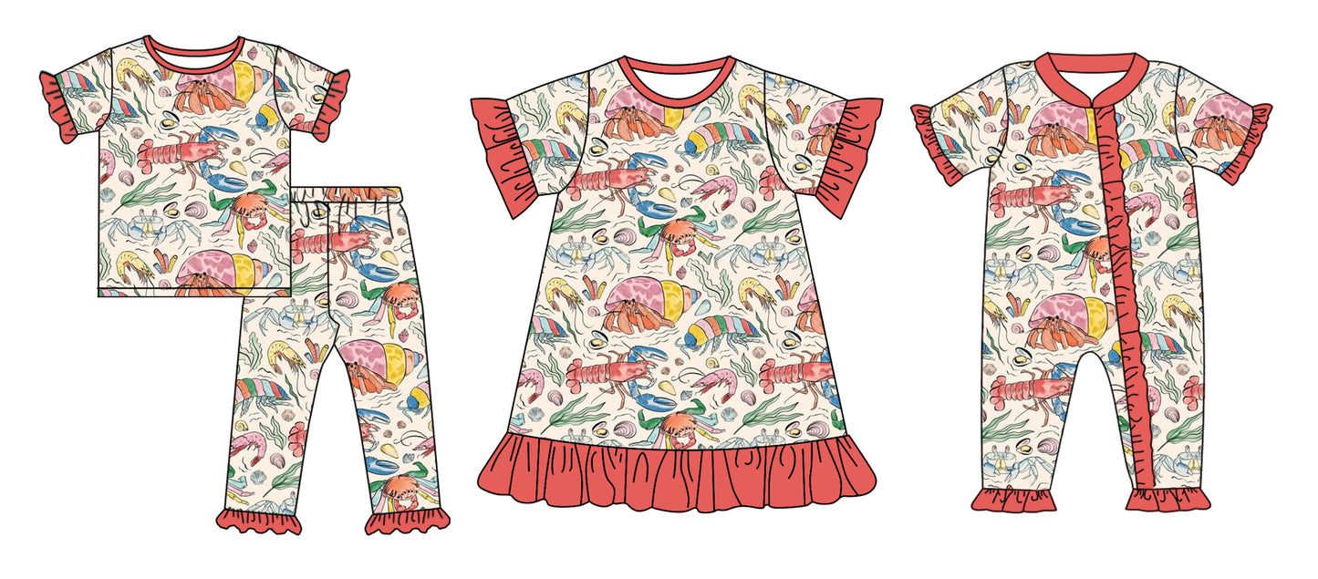 Baby Girl Short Sleeves Crab Crawfish Sibling Matching Romper Dress Clothes Set Moq 5 Each Design