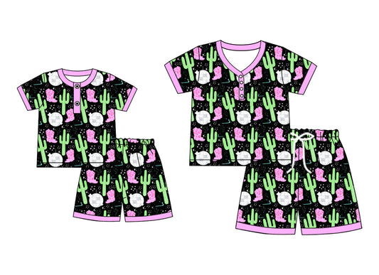 ( Moq 5 Each Style ) Baby Girl Adult Women Western Boots Cactus Buttons Shorts Sibling Mommy And Me Family Pajamas Set 4.19