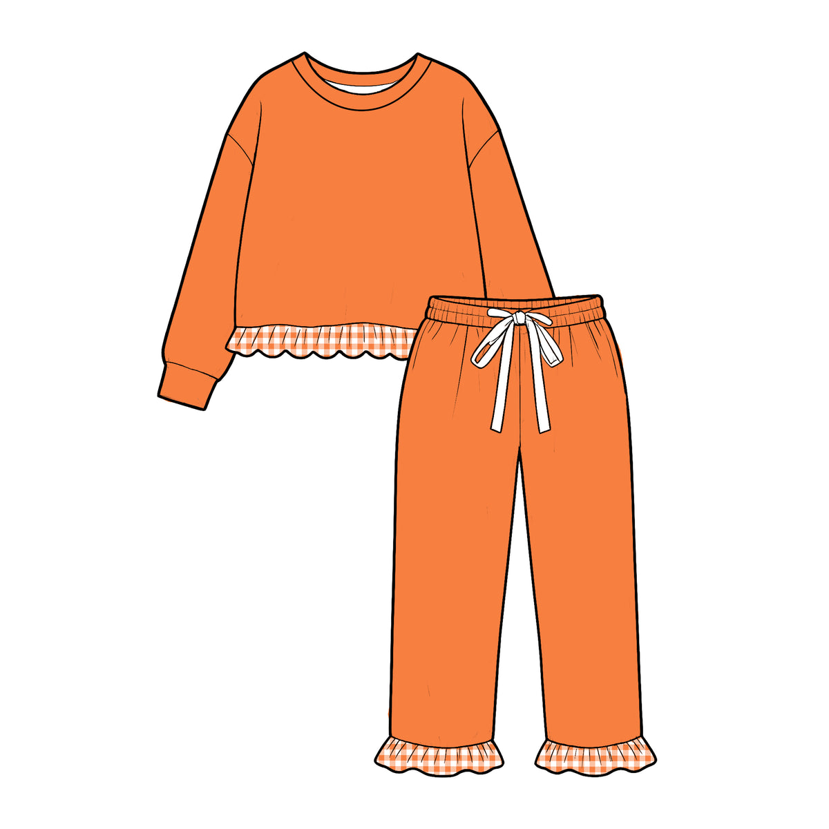 ( Moq 5 ) Baby Girls Kids Long Sleeves Orange Shirt Pants Cotton Set Clothes