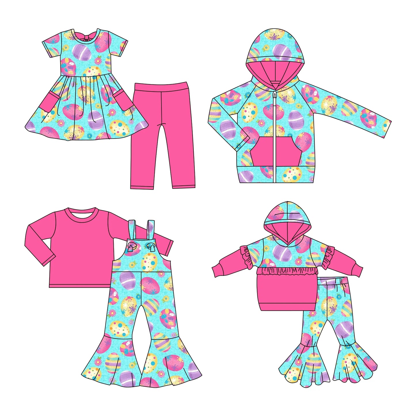 ( Moq 5 Each Style ) Baby Girls Kids Eggs Easter Sibling Hoodie Shirt Sets