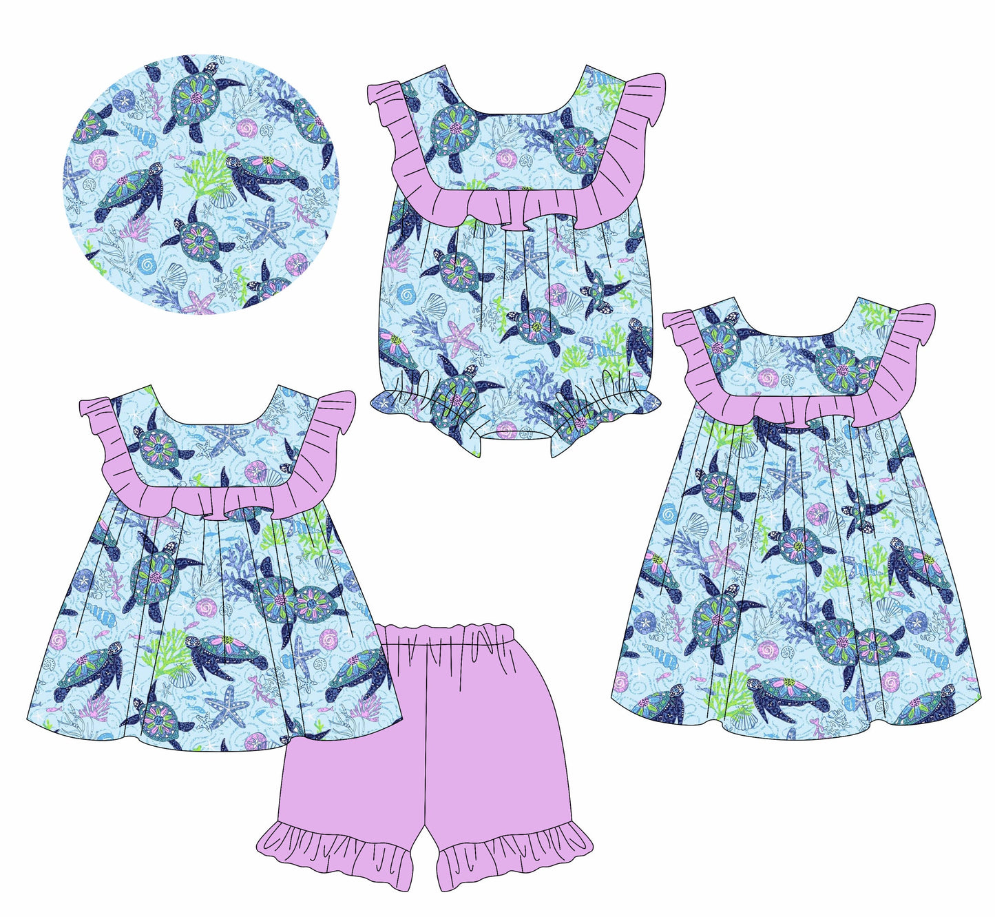 Baby Girl Short Sleeves Turtles Ruffle Sibling Romper Dress Set ( Moq 5 Each Style ) 2.12
