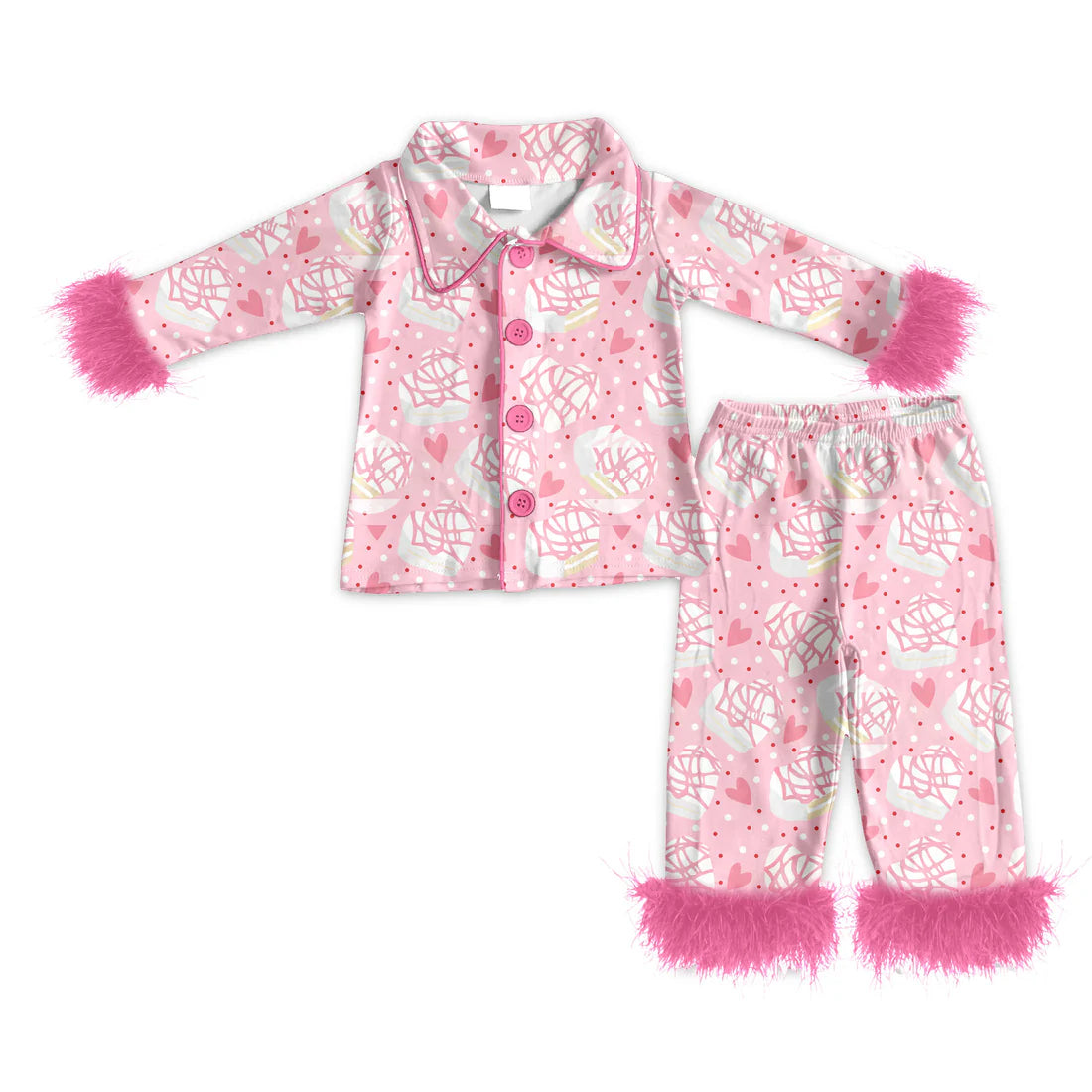 ( Moq 5 ) Baby Girls Fur Long Sleeves Buttons Shirt Pants Pajamas Hearts Valentine Set