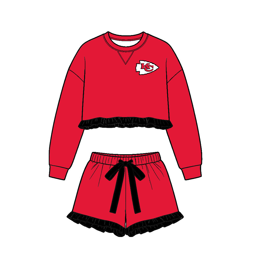 ( Moq 5 ) Baby Girls Kids Red Long Sleeves Ruffle Shirt Shorts Team Set Clothes