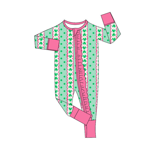 Baby Girl Infant Long Sleeves St. Patrick Clover Zipper Romper Moq 5