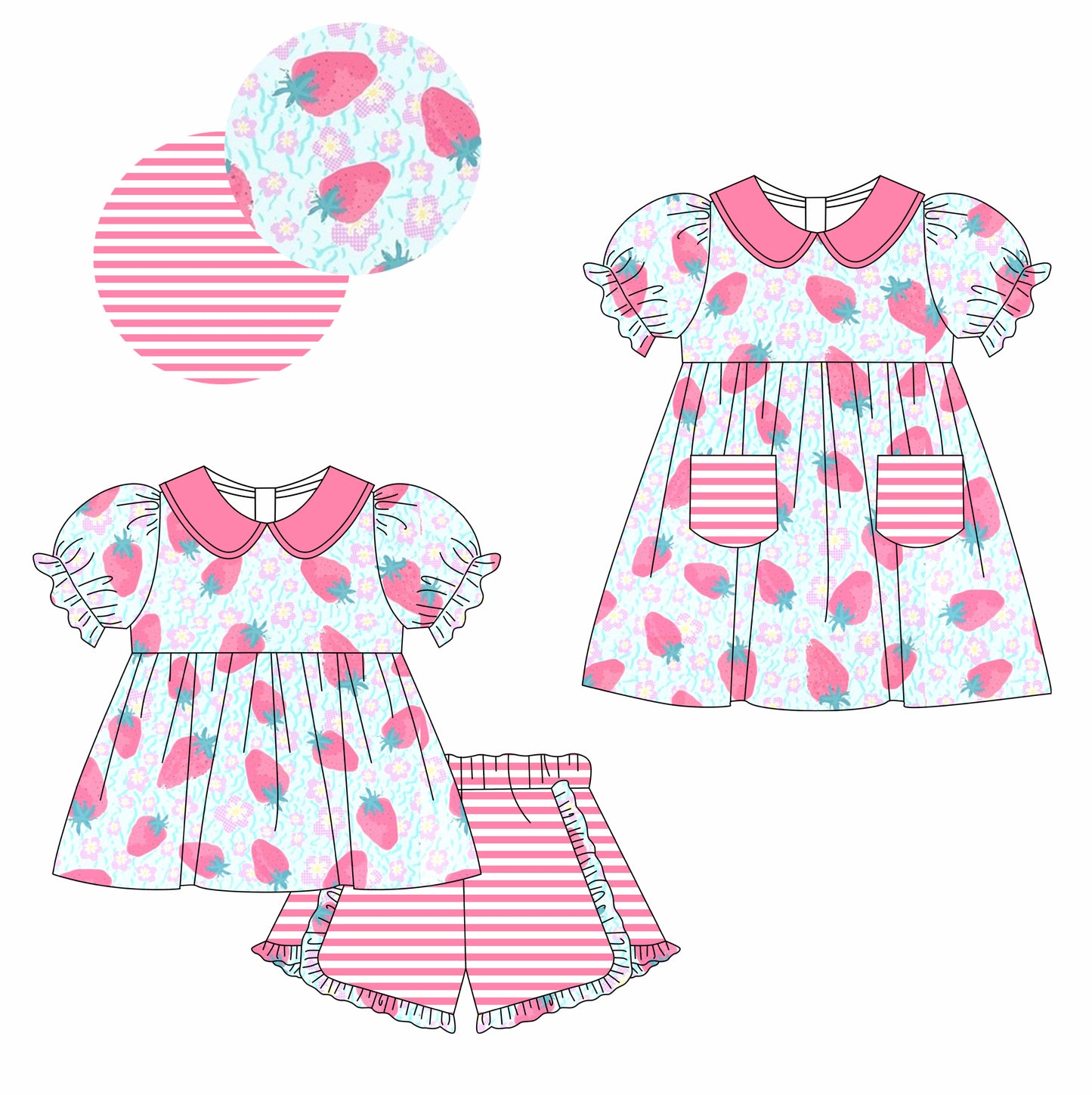 Baby Girl Short Sleeves Strawberry Flower Sibling Dress Clothes Set ( Moq 5 Each Design ) 12.3