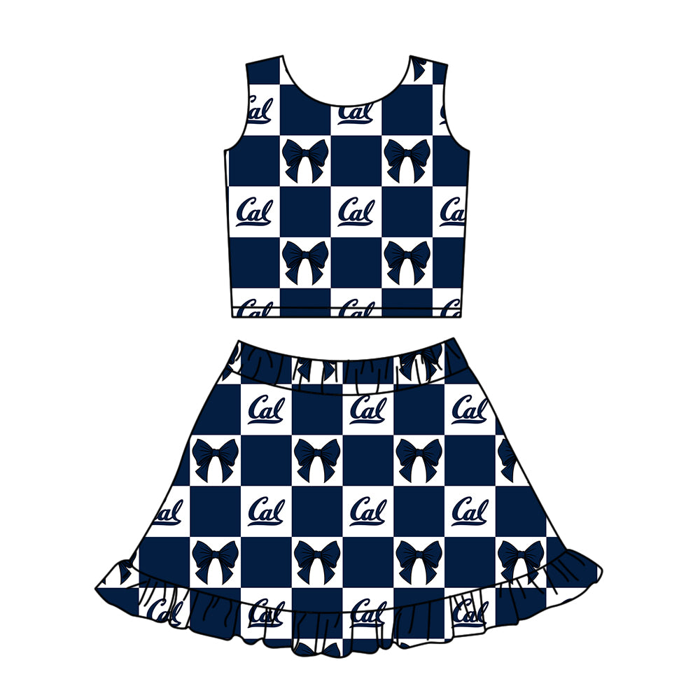 ( Moq 5 ) Baby Girls Kids Sleeveless Navy Bows Checked Tops Shorts Ruffle Skirt Team Set