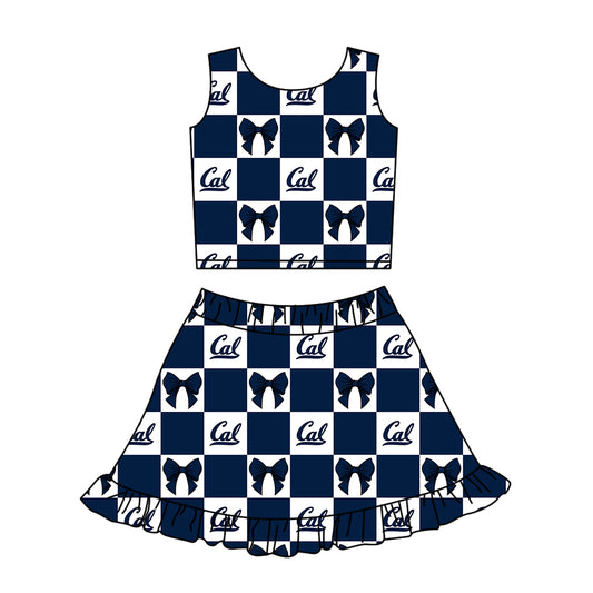 ( Moq 5 ) Baby Girls Kids Sleeveless Navy Bows Checked Tops Shorts Ruffle Skirt Team Set