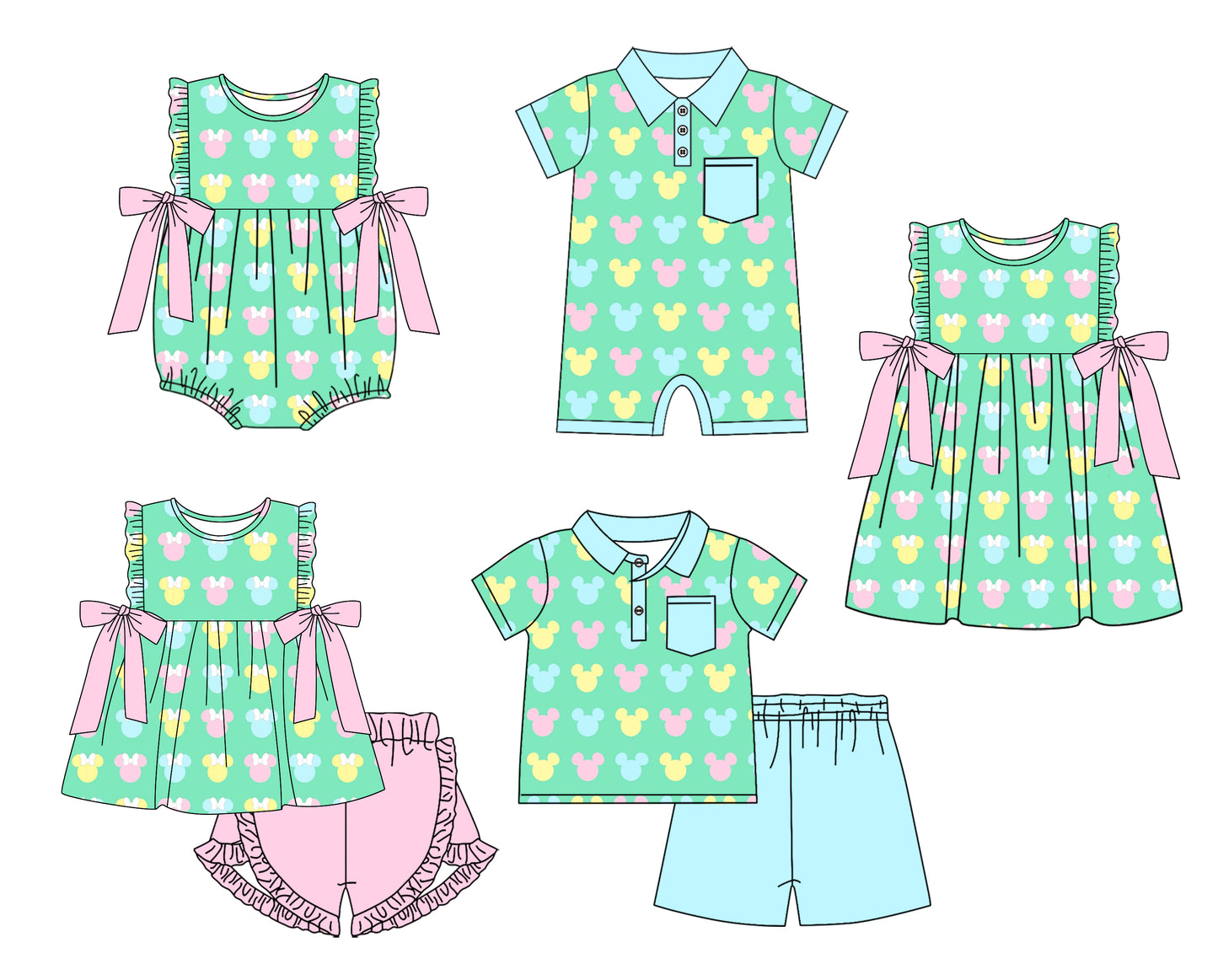 Baby Boy Girl Mouse Sibling Matching Dress Romper Clothes Set ( Moq 5 Each style )