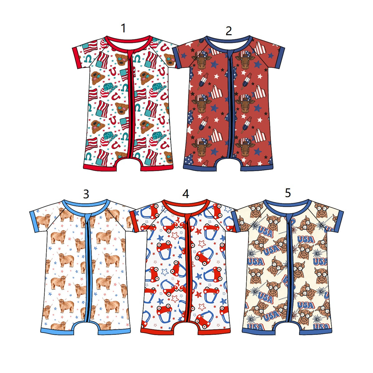 ( Moq 5 Each Style ) Baby Boys Infant Short Sleeves Western Cow Zipper Rompers 4th of July Clothes