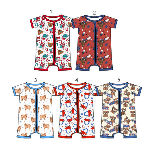 ( Moq 5 Each Style ) Baby Boys Infant Short Sleeves Western Cow Zipper Rompers 4th of July Clothes