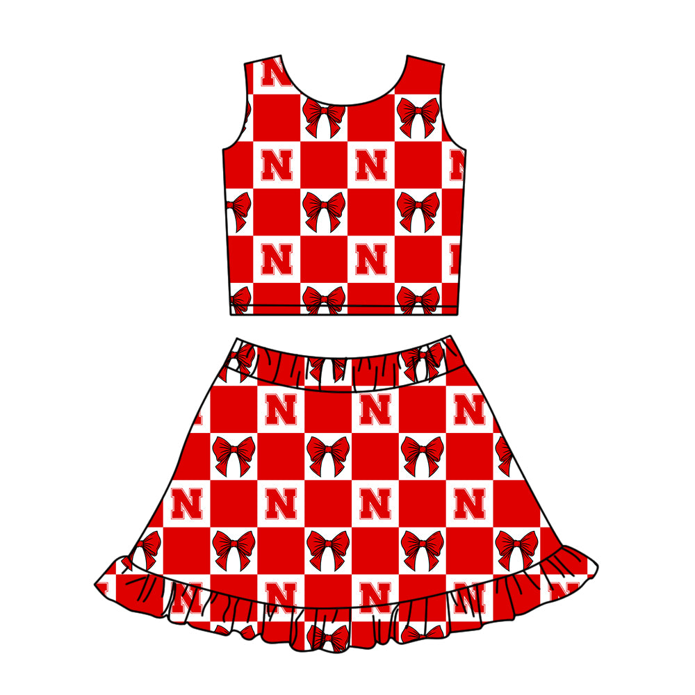 ( Moq 5 ) Baby Girls Kids Toddler N Bows Red Plaid Tops Shorts Ruffle Skirt Team Set