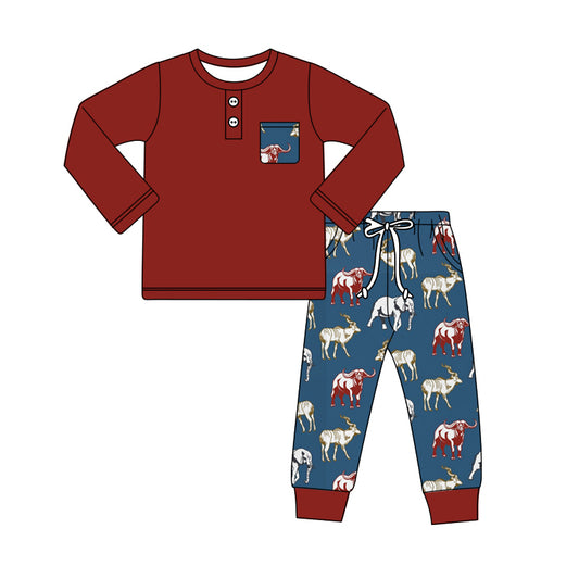 Baby Boy Toddler Long Sleeves Dark Red Pocket Shirt Cow Pants Western Set