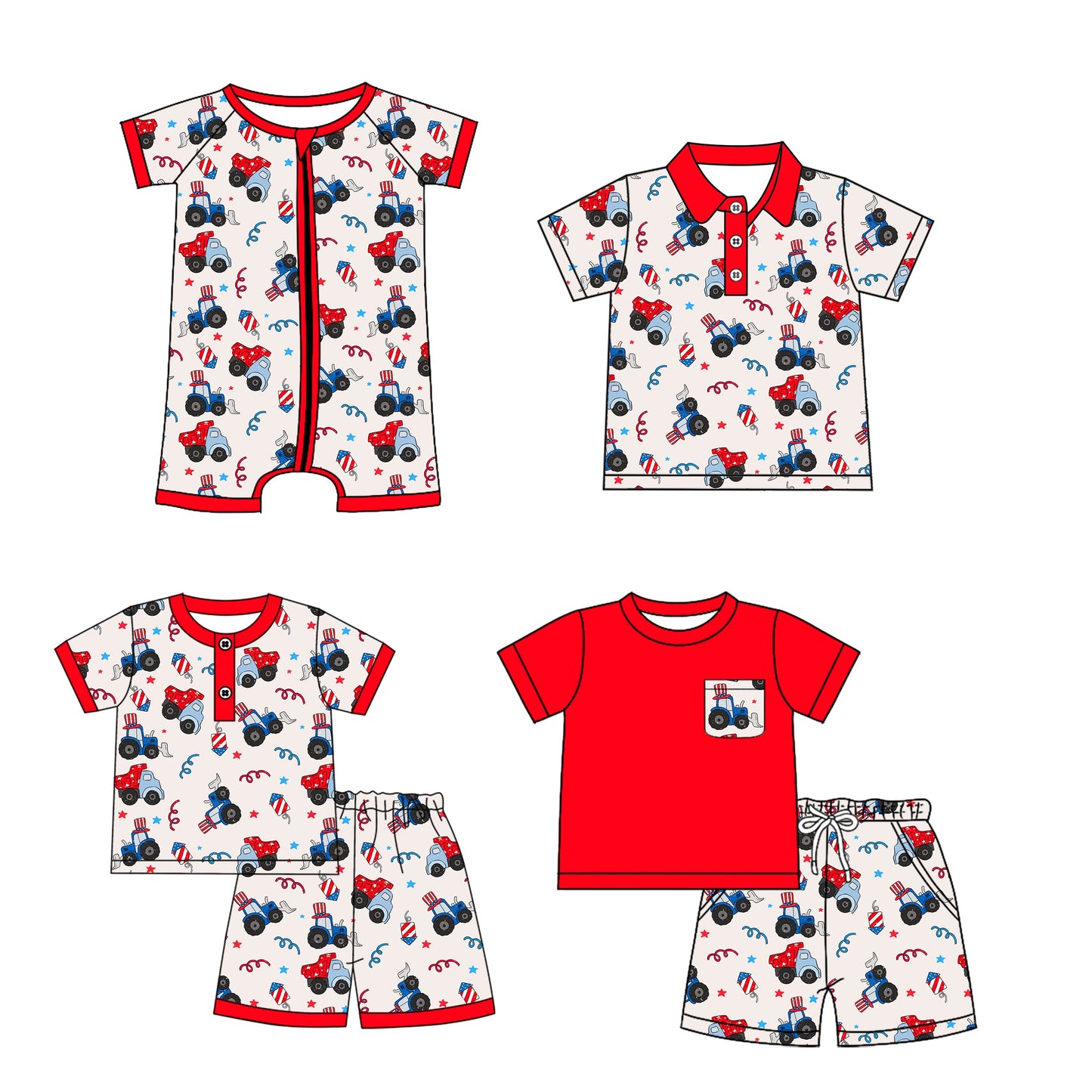 Baby Boy July 4th Trucks Red Sibling Romper Shirt Set ( Moq 5 Each Style ) 1.9