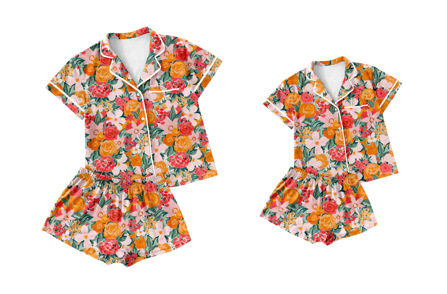 Baby Girl Toddler Adult Women Short Sleeves Flower Pocket Shorts Sibling Family Shorts Pajamas Set ( Moq 5 Each Style ) 12.18