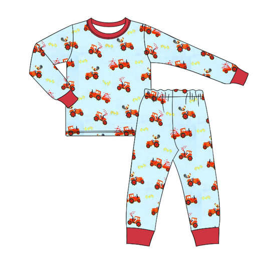 Baby Boy Toddler Long Sleeves Shirt Valentine Hearts Tractor Pants Pajamas Set