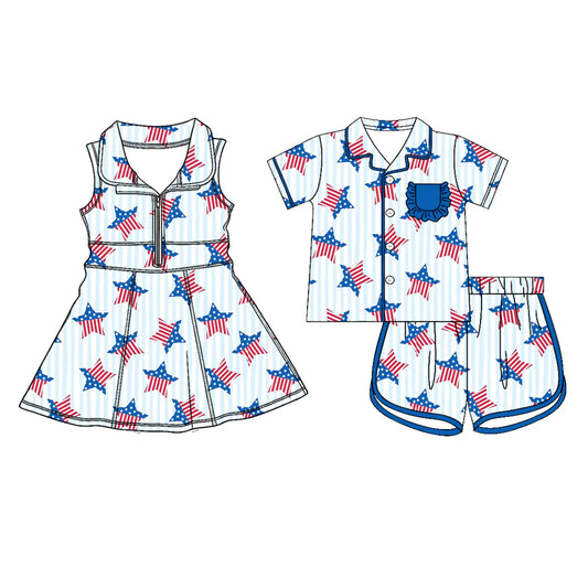 ( Moq 5 Each Style ) Baby Girls Kids 4th of July Stars Blue Stripes Shorts Dress Pajamas Set