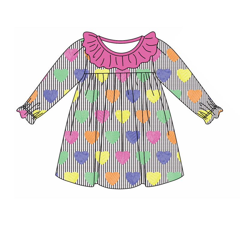 Baby Girl Long Sleeves Valentine Hearts Stripes Dress