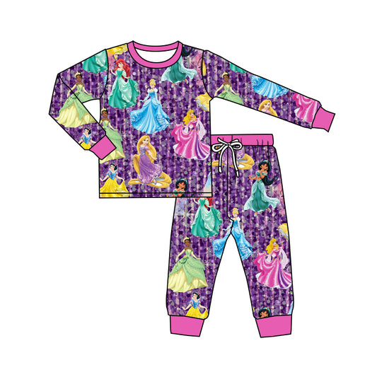 Baby Girl Long Sleeves Princess Shirt Pants Pajamas Purple Set