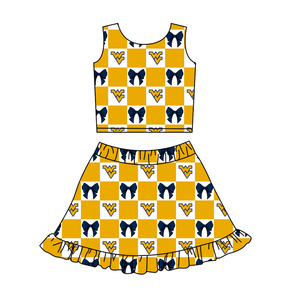 ( Moq 5 ) Baby Girls Kids WV Bows Checked Tops Shorts Ruffle Skirt Team Set