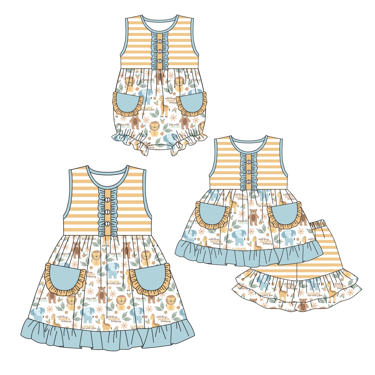 Baby Girl Animals Pockets Sibling Dress Romper Set ( Moq 5 Each Style ) 12.16