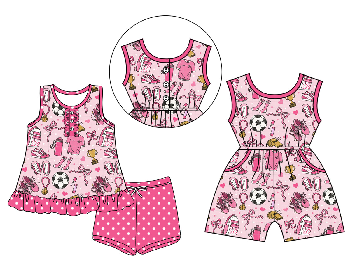 ( Moq 5 Each Style ) Sibling Baby Girls Kids Soccer Pink Bows Jumpsuit Set Summer Clothes