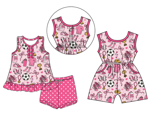 ( Moq 5 Each Style ) Sibling Baby Girls Kids Soccer Pink Bows Jumpsuit Set Summer Clothes