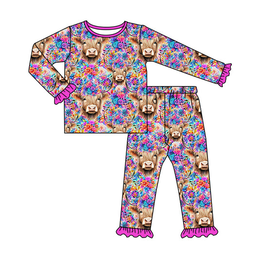 Baby Girl Long Sleeves Cow Flower Western Purple Shirt Pants Set Pajamas