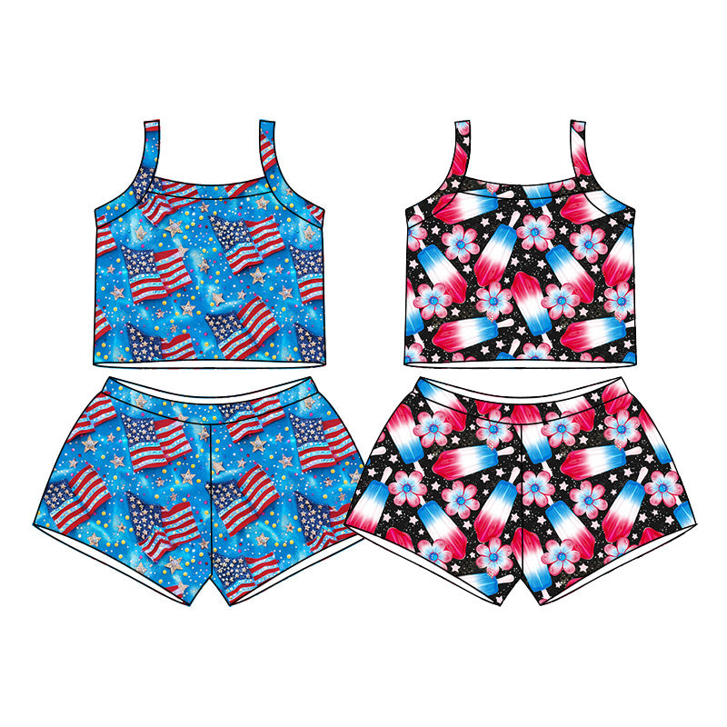 ( Moq 5 Each Style ) Sibling Baby Girls Kids Flags Popsicle Flower Shirt Shorts Sets 4th of July Clothes