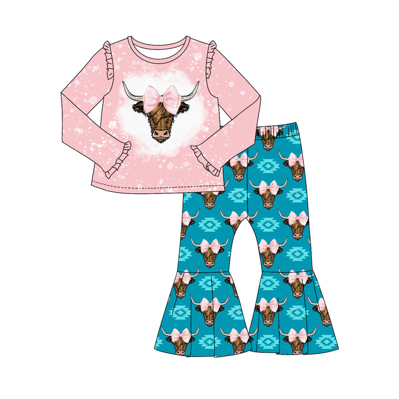 Baby Girl Toddler Long Sleeves Pink Shirt Cow Bow Bell Pants Western Set