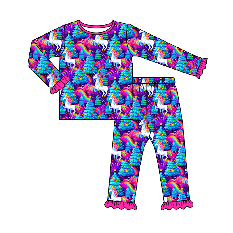 Baby Girl Long Sleeves Unicorns Tree Christmas Shirt Pants Pajamas Set