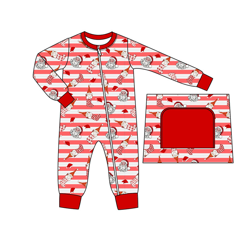 Baby Boy Infant Long Sleeves Christmas Santa Stripes Zipper Romper