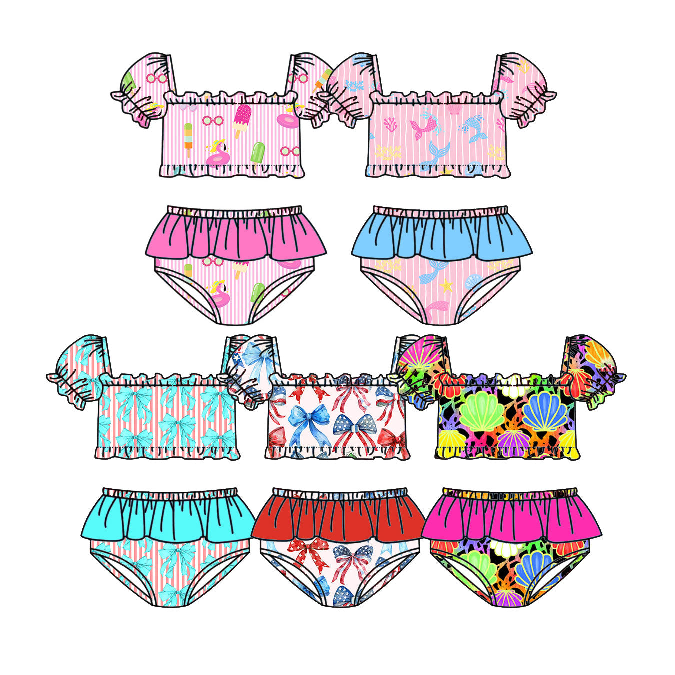 ( Moq 5 Each Style ) Sibling Baby Girls Kids Short Sleeves Tops Ruffle Shorts Sets Summer Swimsuits
