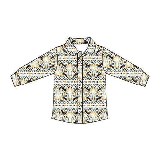 ( Moq 5 ) Baby Boy Long Sleeves Western Aztec Bull Skull Button Shirt Tops
