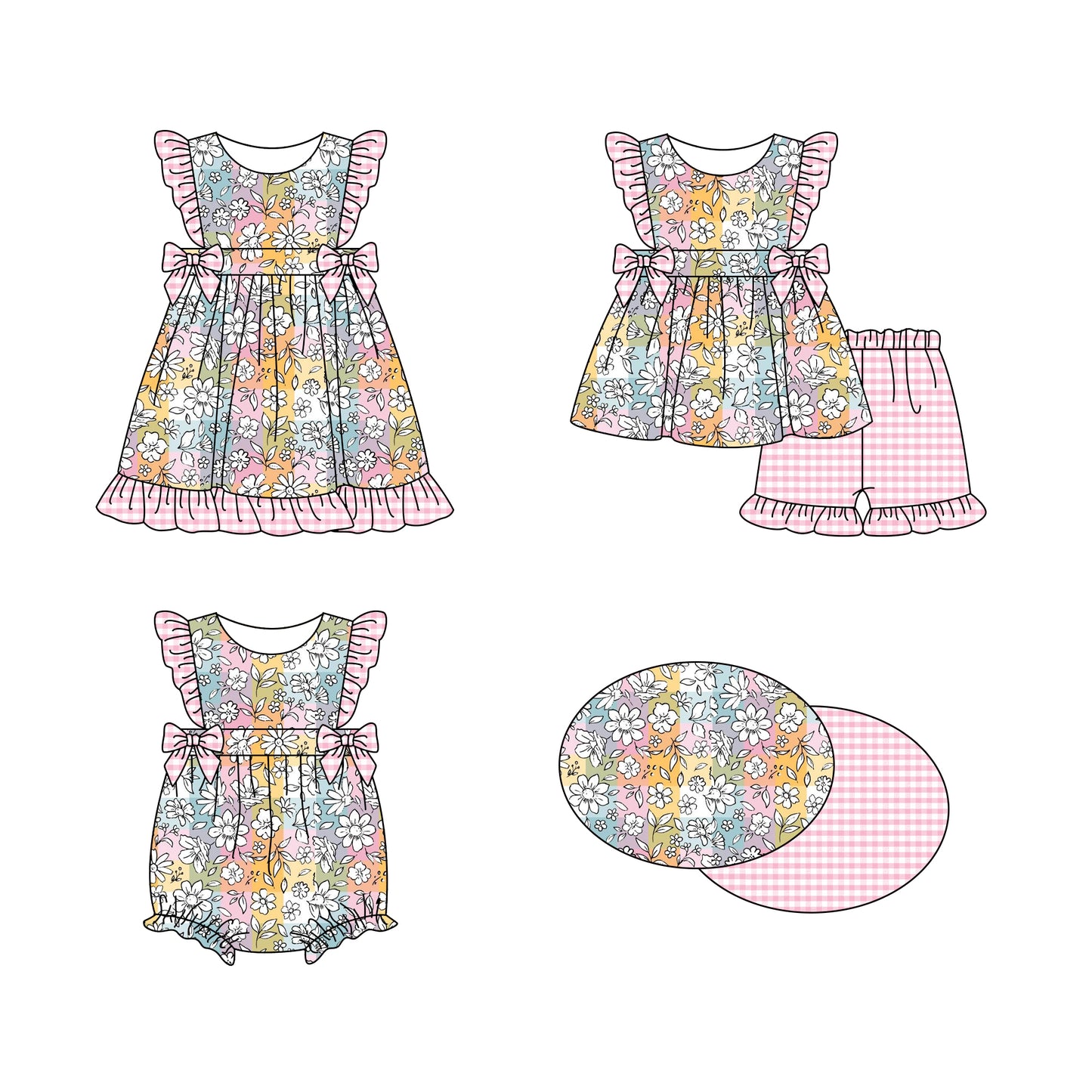 Baby Girl Flower Plaid Sibling Romper Dress Clothes Set ( Moq 5 Each Design )