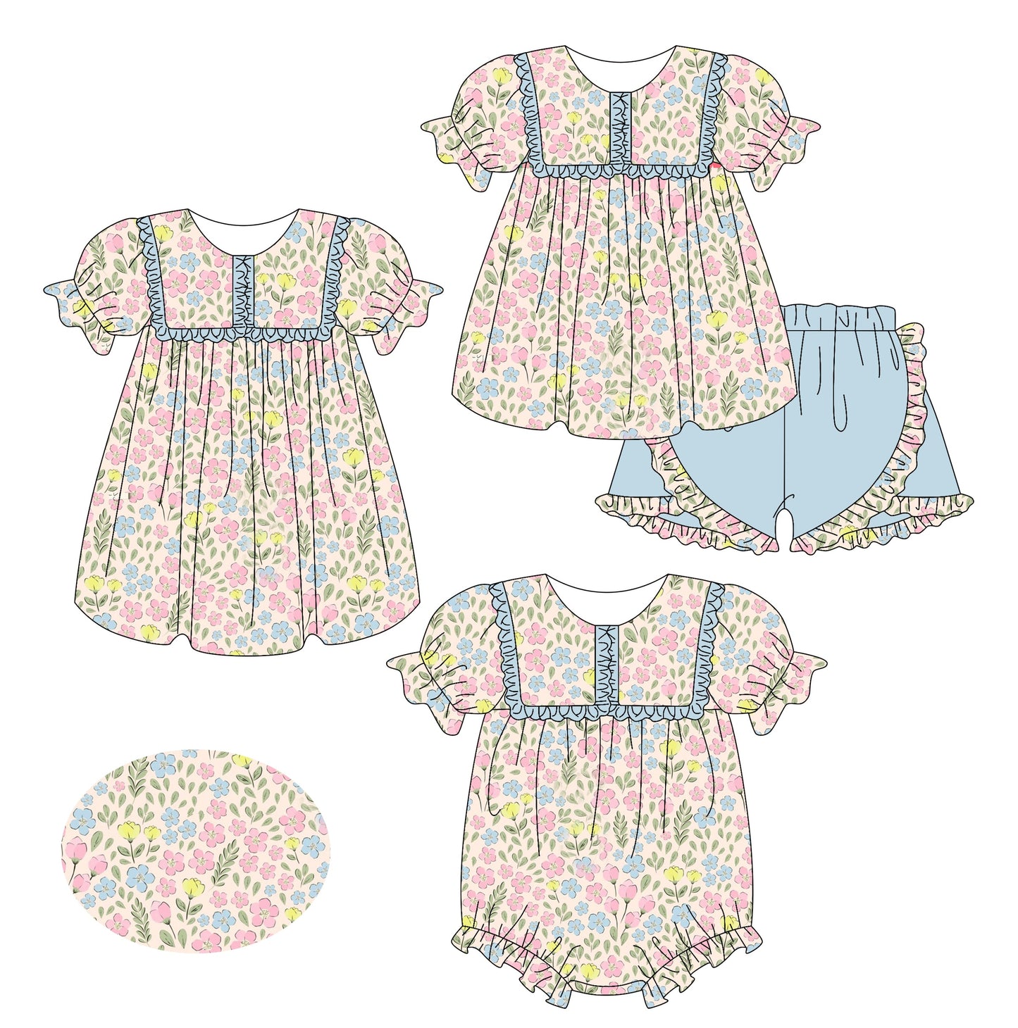 Baby Girl Short Sleeves Flower Ruffle Sibling Romper Dress Set ( Moq 5 Each Style ) 2.13