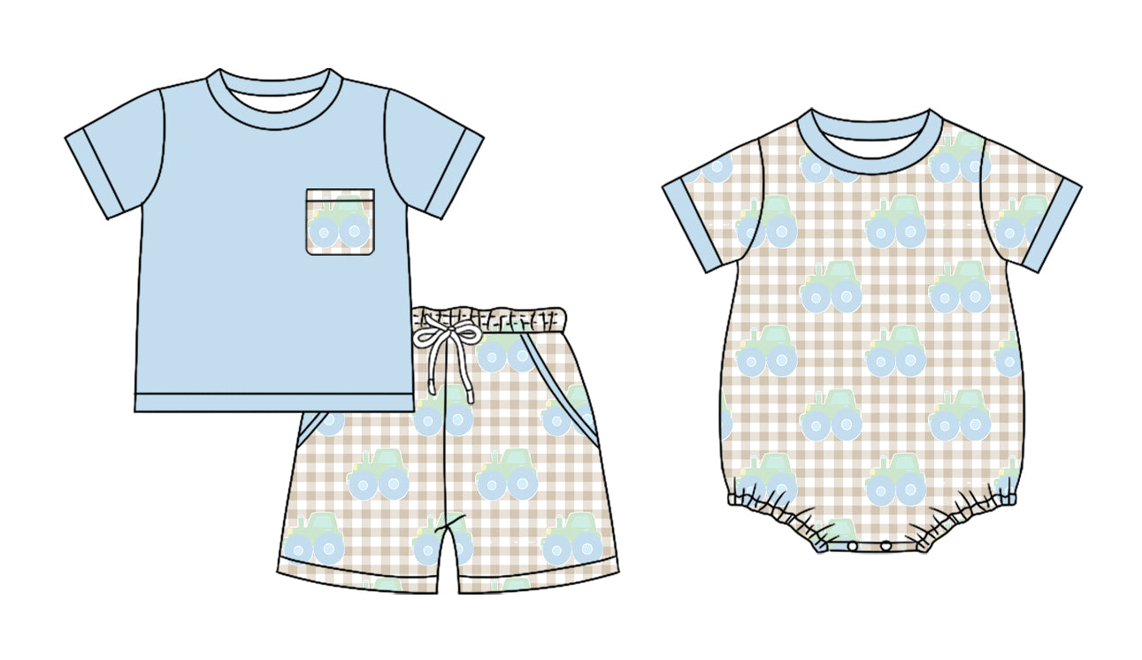 ( Moq 5 Each Style ) Baby Boys Kids Short Sleeves Tractors Plaid Sibling Farm Summer Romper Set