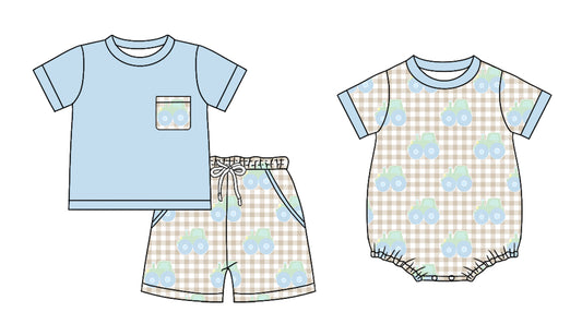 ( Moq 5 Each Style ) Baby Boys Kids Short Sleeves Tractors Plaid Sibling Farm Summer Romper Set