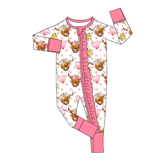 Baby Girl Infant Long Sleeves Cow Hearts Zipper Valentine Romper