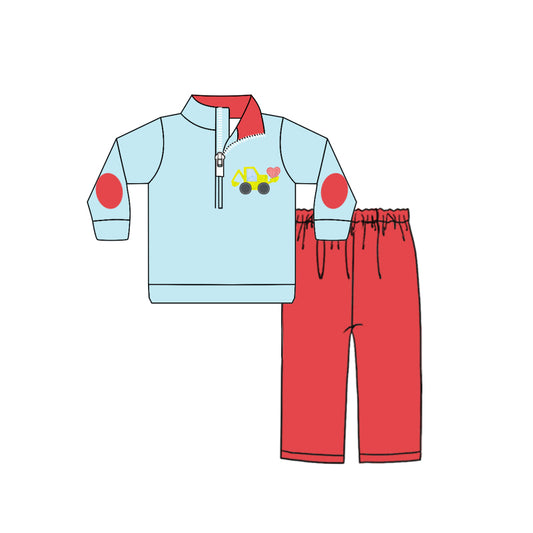 Baby Boy Long Sleeves Valentines Tractor Print Shirt Red Pants Clothes Set Moq 5