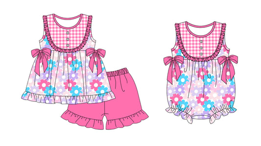 Baby Girl Flower Bows Sibling Summer Romper Set ( Moq 5 Each Design )