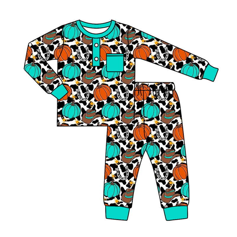 Baby Boy Long Sleeves Pumpkin Hats Western Shirt Pants Pajamas Set