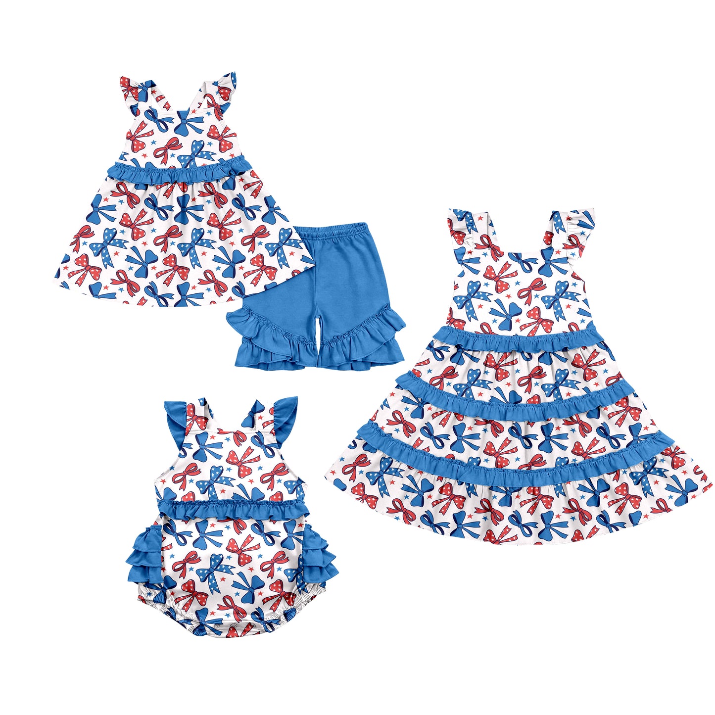 ( Moq 5 Each Style ) Baby Girls Kids Short Sleeves Bows 4th of July Sibling Romper Dress Set